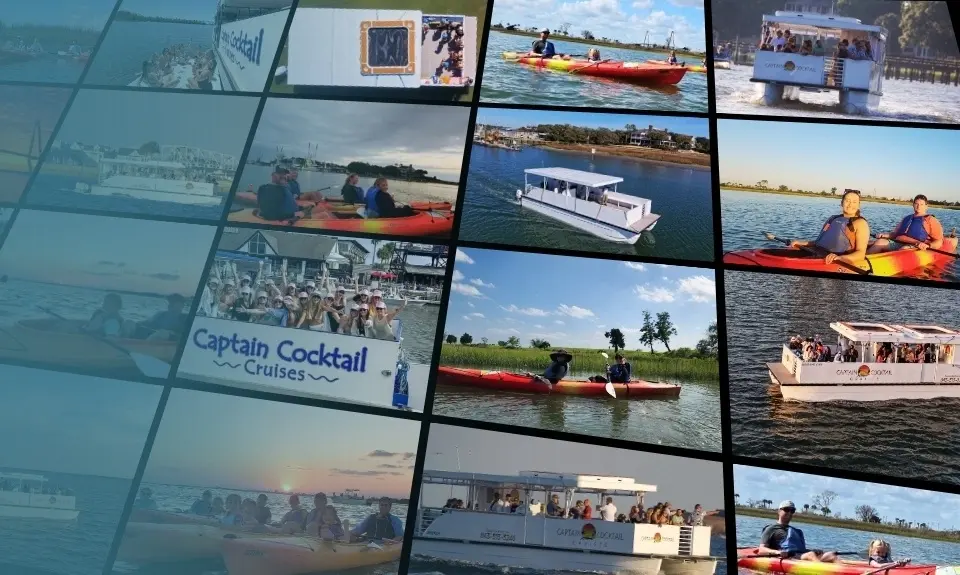 Kayakers on Shem Creek and the Captain Cocktail pontoon boat cruising Charleston Harbor at sunset